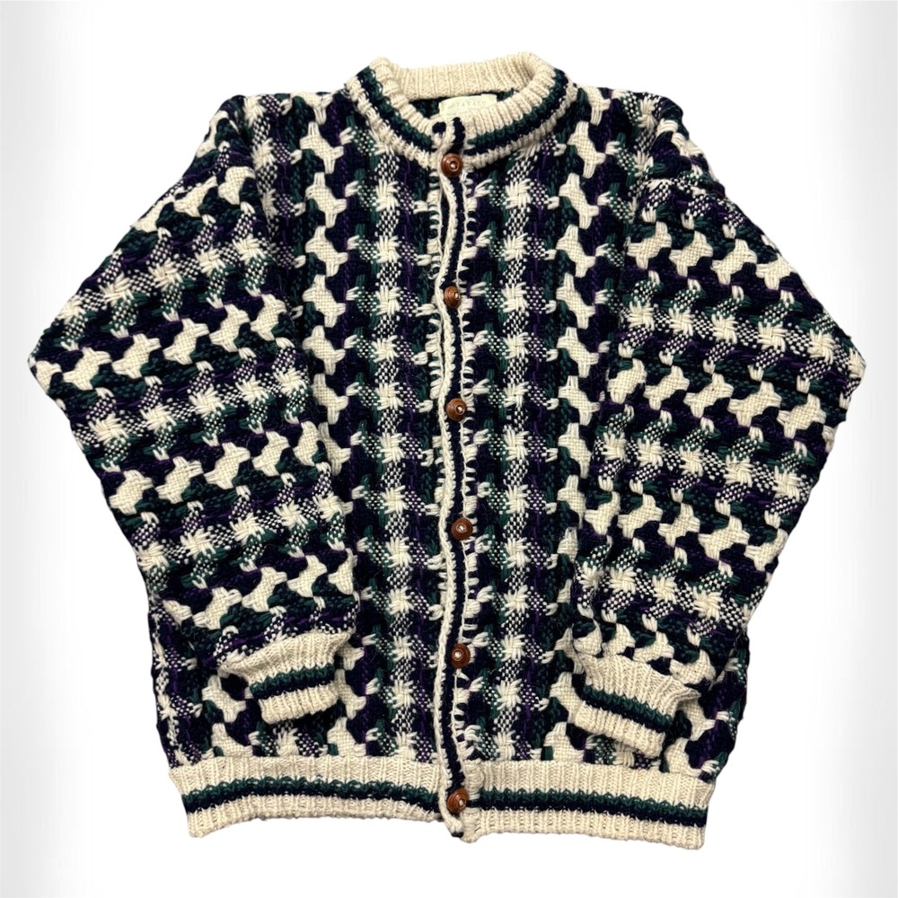 Vintage Otavalo Multicolor Heavy Chunky Wool Cardigan Sweater Hand Made Ecuador